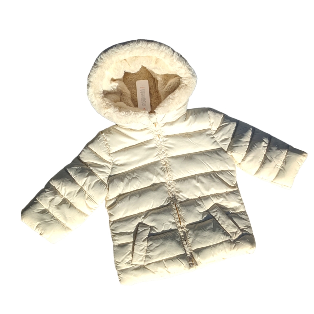 Gymboree Girls 12-18m Faux Fur Cream/White Puffer Jacket w/ Gold Zipper